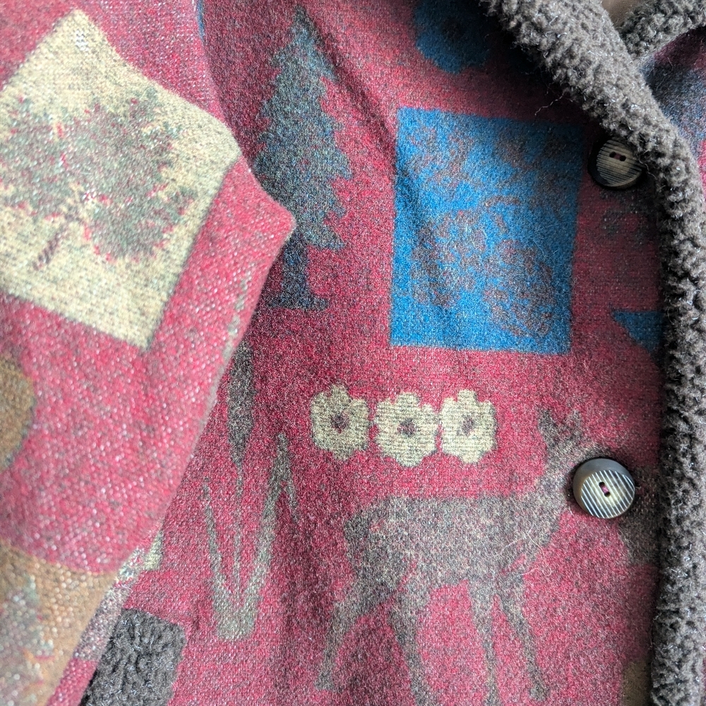 Pendleton Originals Wool Sherpa Trim Blanket Coat Bear Moose Print Burgundy L - Picture 6 of 14